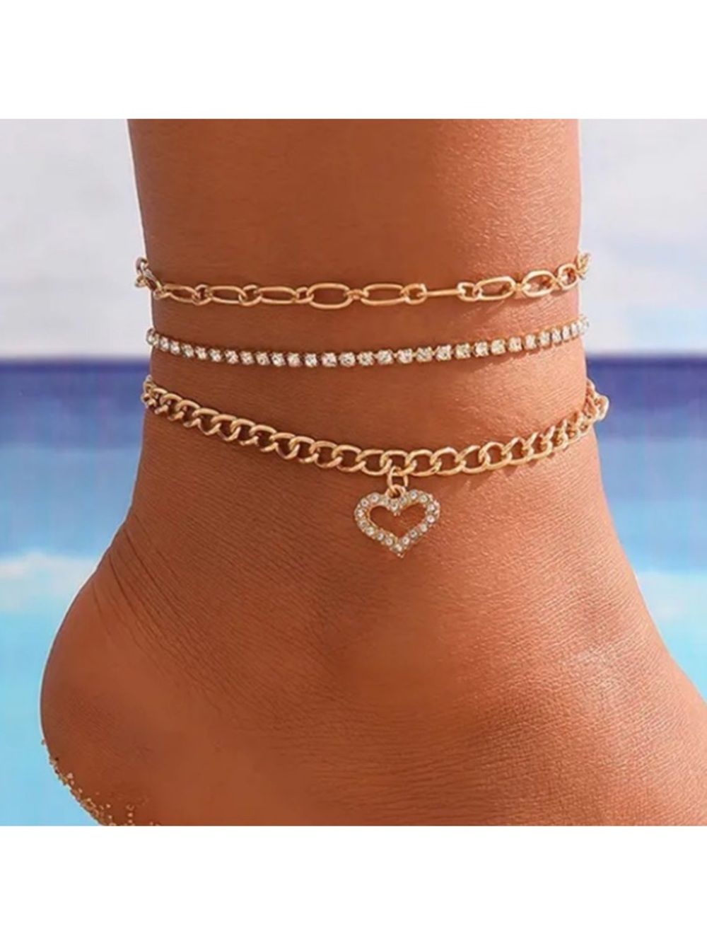 Diamond Heart Paperclip Chain Gold Toned Anklet Set